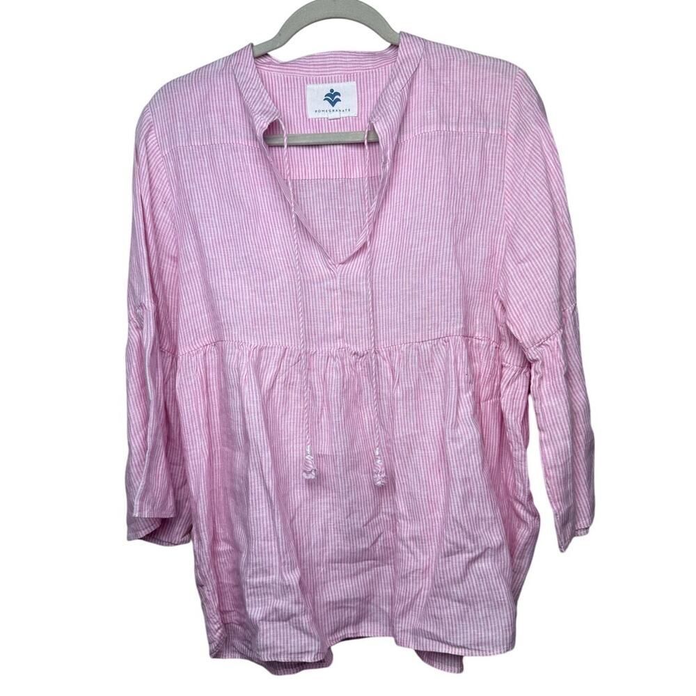 Pomegranate Pink White Striped Linen Tunic Top Sz. S